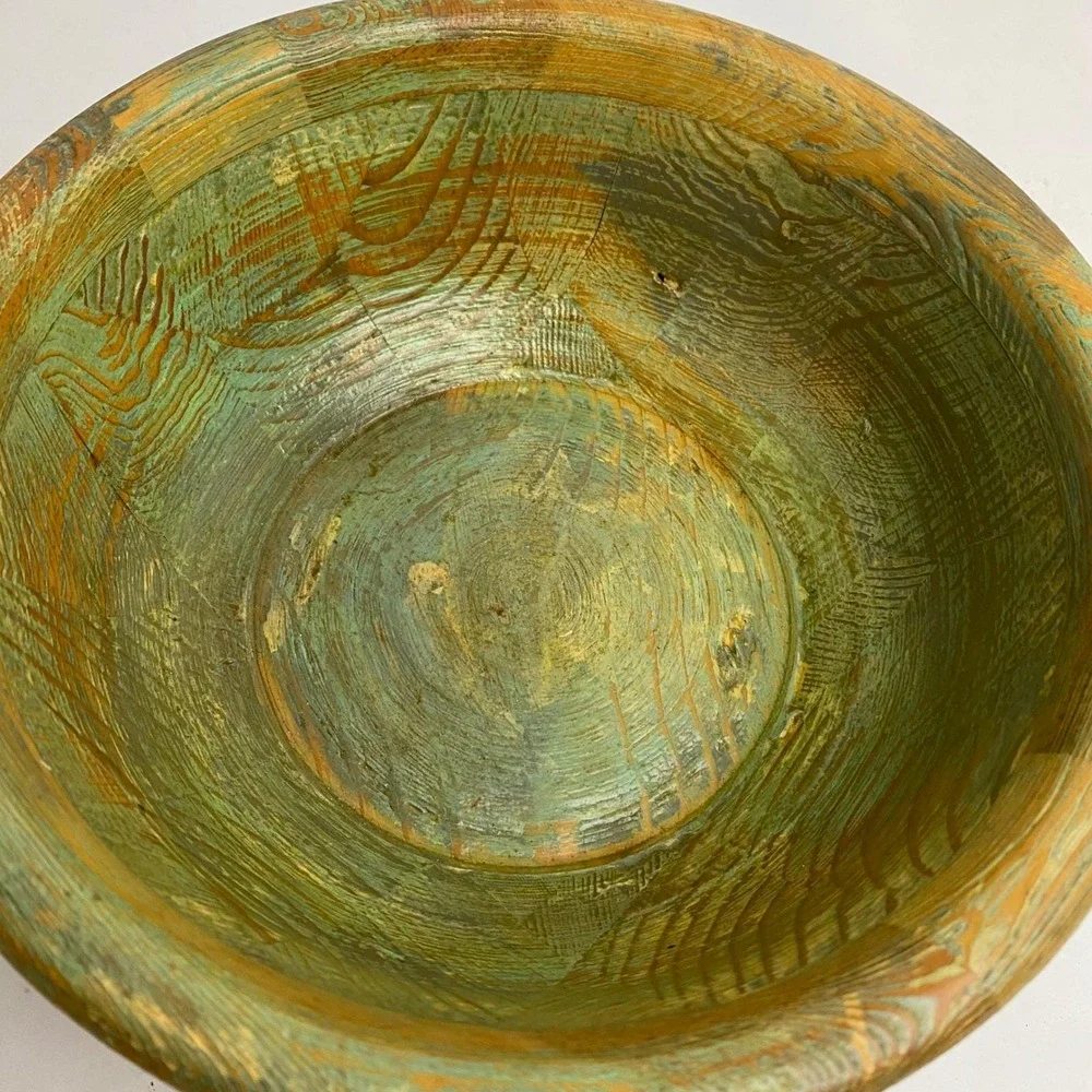 Vintage Handcrafted Rustic‎ Wood Bowl Green Brown Distressed Farmhouse Boho